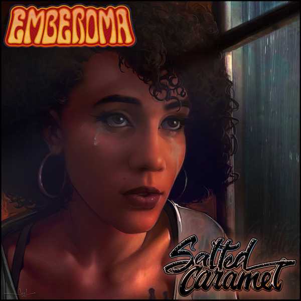 A woman crying and looking out of a window into rain.