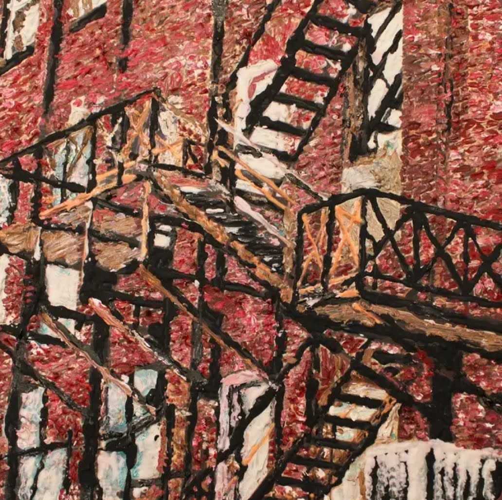 An abstract painting of a fire escape on a building.