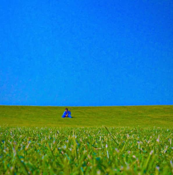 A person sitting far away in a field of grass.